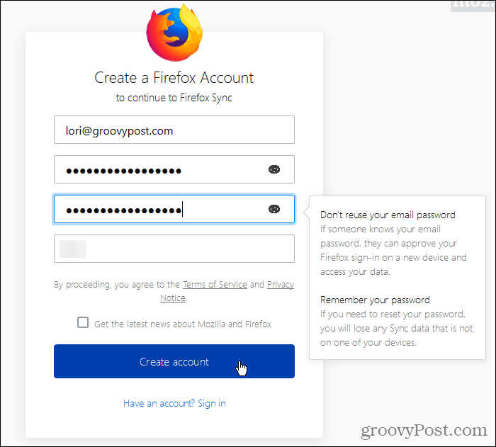 Създайте акаунт на Firefox Sync