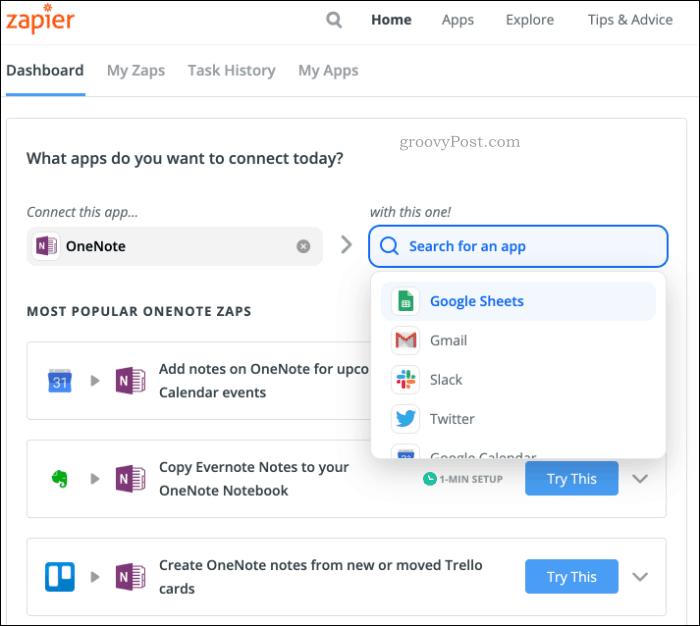 Свързване на Zapier с OneNote