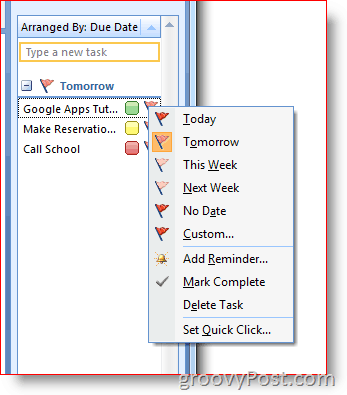 Лента със задачи на Outlook 2007 - Щракнете с десния бутон върху флаг за менюто с опции