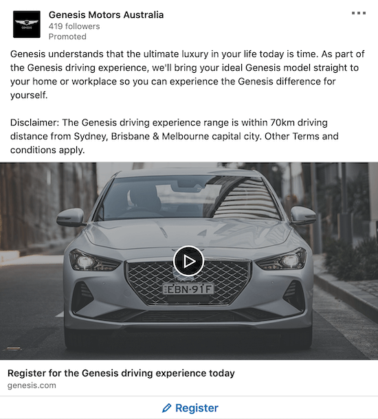 Реклама за генериране на олово в LinkedIn за Genesis Motors