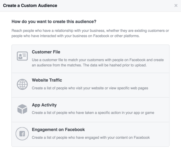 Изберете източника, който искате да използвате за вашата потребителска аудитория във Facebook.