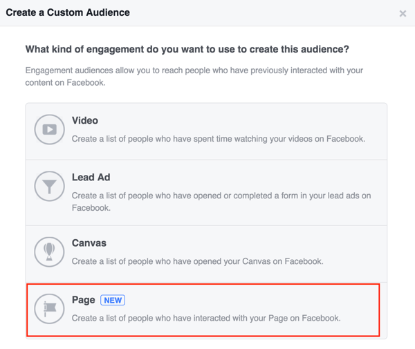 Изберете Page, за да създадете вашата персонализирана аудитория във Facebook.