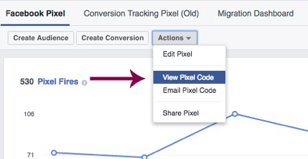 Щракнете върху Преглед на пикселен код, за да получите достъп до вашия уникален Facebook пиксел.