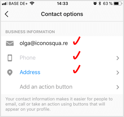добавете информация за контакт за бизнес акаунт в Instagram