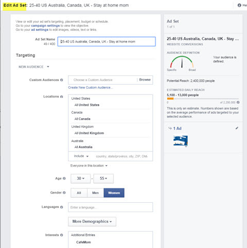 facebook ads manager редактиране на насочване на рекламен набор