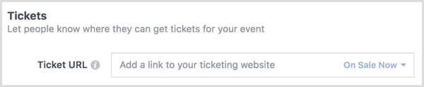 Използвайте опция Билет, за да се свържете със страницата за продажба на билети на Eventbrite