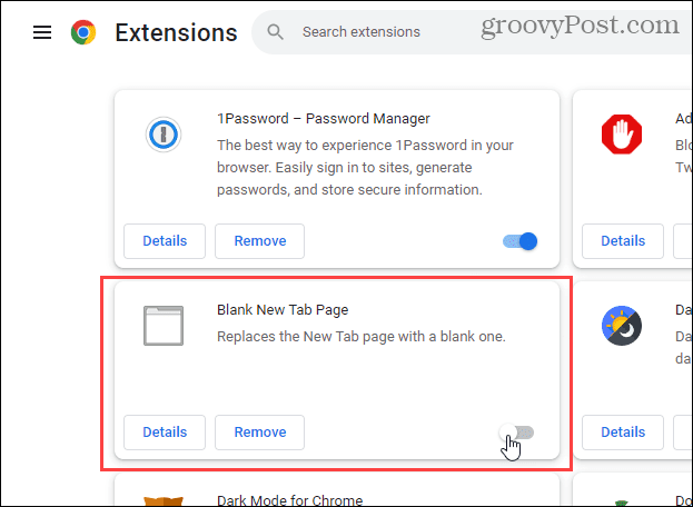 Деактивирайте разширението Blank New Tab Page в Chrome