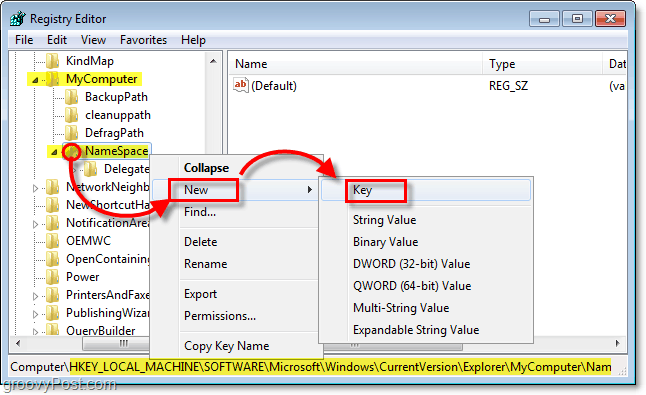 добавете нов под ключ към бутона NameSpace в Windows 7