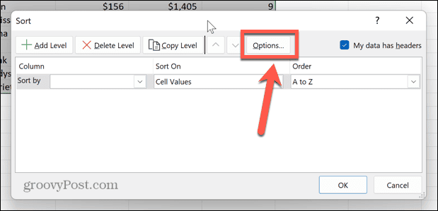 опции за сортиране в Excel