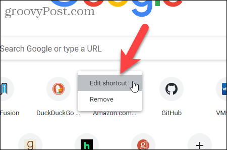 Изберете Редактиране на пряк път на страницата с нов раздел на Chrome
