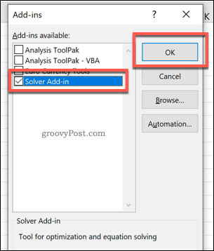 Активиране на добавката в Excel Solver