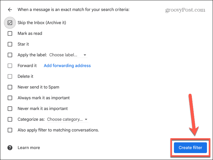 gmail бутон за създаване на филтър