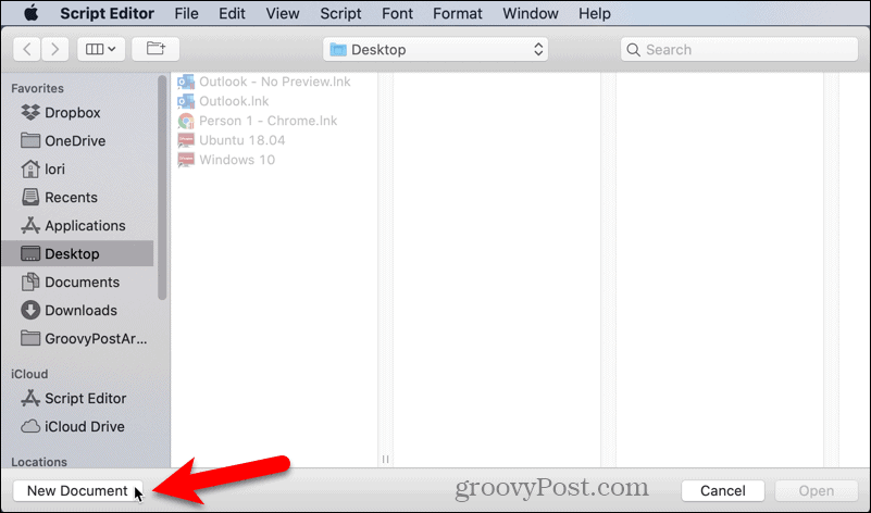 Отворете нов документ в Script Editor на Mac