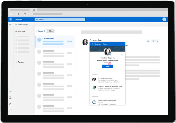 LinkedIn сега ще предостави богата информация като снимки на профила, работна история и много други отдясно в личната пощенска кутия на потребителя на Outlook.com.