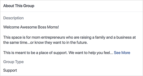 Това е екранна снимка на описанието за групата Boss Moms във Facebook, домакин на Дана Малстаф. Описанието е черен текст на бял фон. Първият ред казва „Добре дошли страхотни шефски майки!“. Вторият ред казва „Това пространство е за майки предприемачи, които създават семейство и бизнес едновременно... или знаят, че искат в бъдеще. " Третият ред казва „Това е предназначено да бъде място за подкрепа. Искаме да ви помогнем да се почувствате... “И след това се появява връзка Вижте още. Типът на групата е списък като Поддръжка.