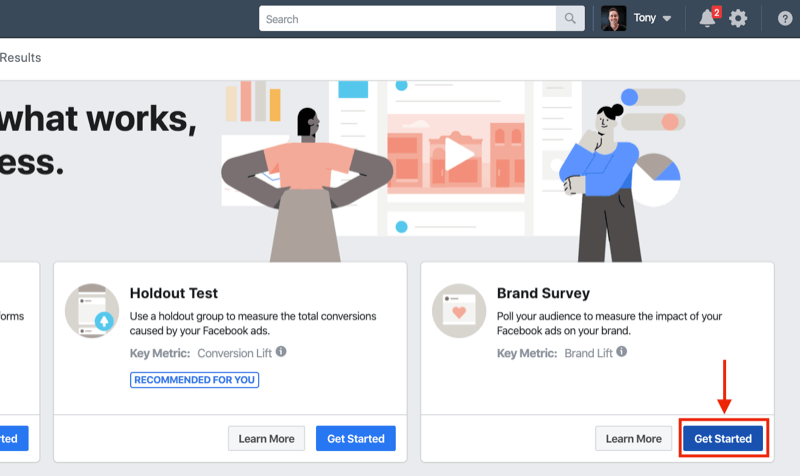 Бутон Първи стъпки за Проучване на марката за експерименти във Facebook