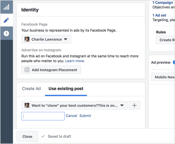 Изберете Използване на съществуваща публикация и въведете идентификатора на публикацията във Facebook.