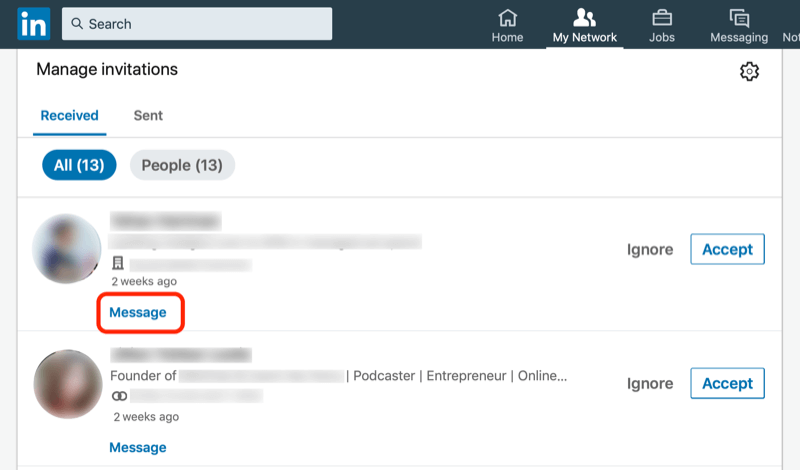 съобщение на потребители на LinkedIn от екрана Управление на покани