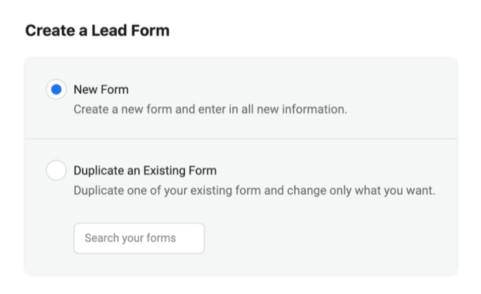 facebook потенциалните реклами създават нов формуляр за потенциални клиенти с избраната опция за нов формуляр