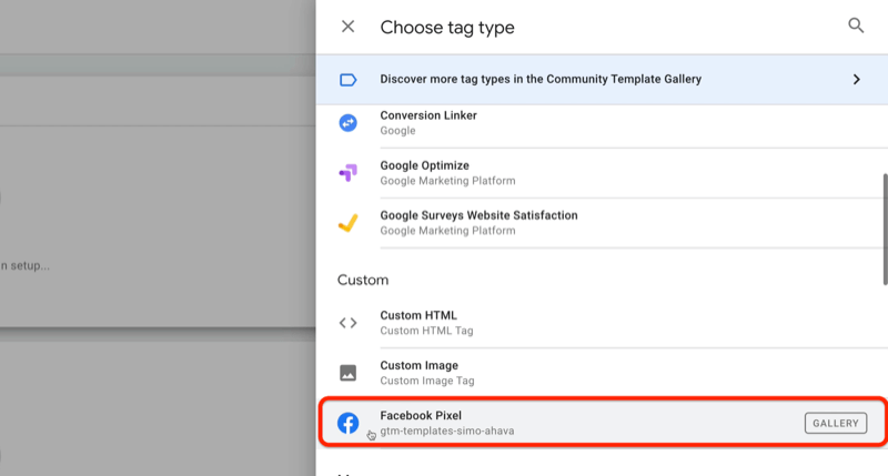 пример google tag manager нов таг с менюто за избор на тип таг и опцията за facebook пиксел, подчертани под потребителския раздел
