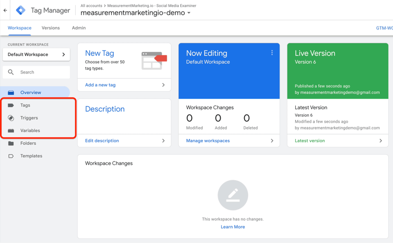 пример табло за управление на Google tag manager с маркирани опции в менюто на маркери, задействания и променливи