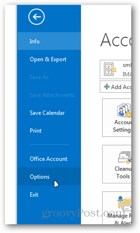 Outlook 2013 - Деактивиране на времето в календара - Щракнете върху Опции