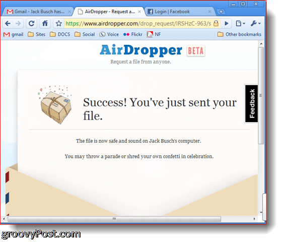 Изпратен файл за успешна снимка на екрана на Dropbox Airdropper