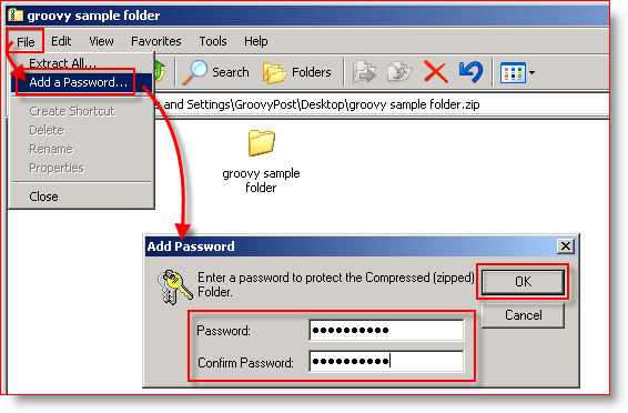 Вградена компресия на Windows XP - Добавяне на парола