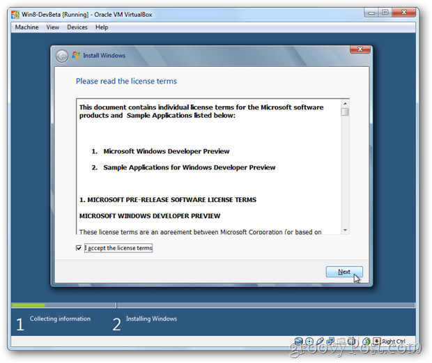 VirtualBox Windows 8 eula приема лиценз