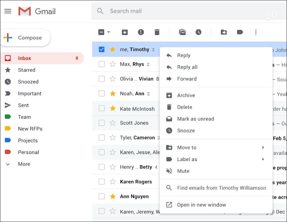 Контекстно меню с десния бутон на Gmail
