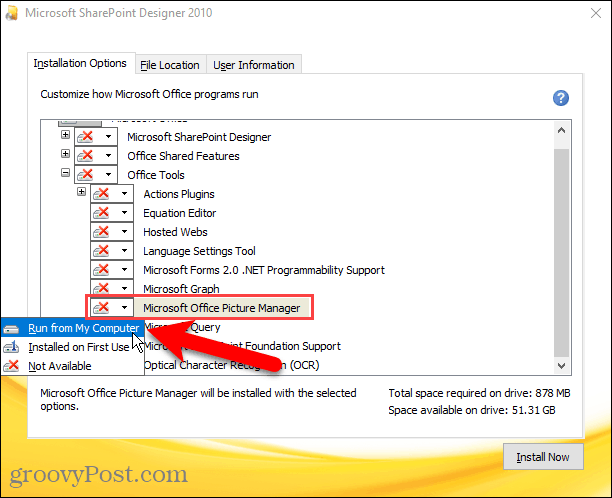 Активирайте Run от моя компютър за Microsoft Office Picture Manager в инсталацията Sharepoint Designer