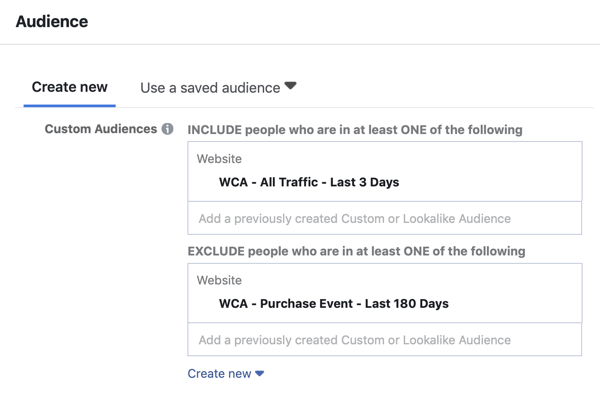 Как да създадете реклами за достигане до Facebook, стъпка 5, персонализирани настройки за реклами за аудитория за трафика на уебсайта