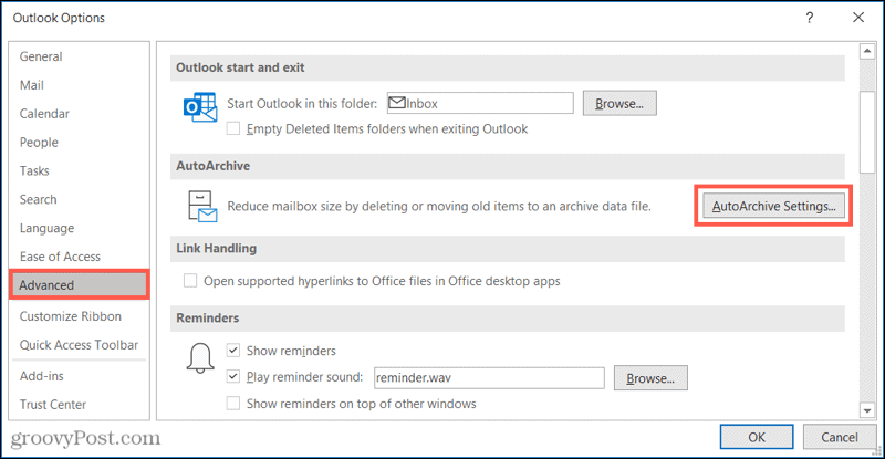Разширени настройки за автоматично архивиране в Outlook