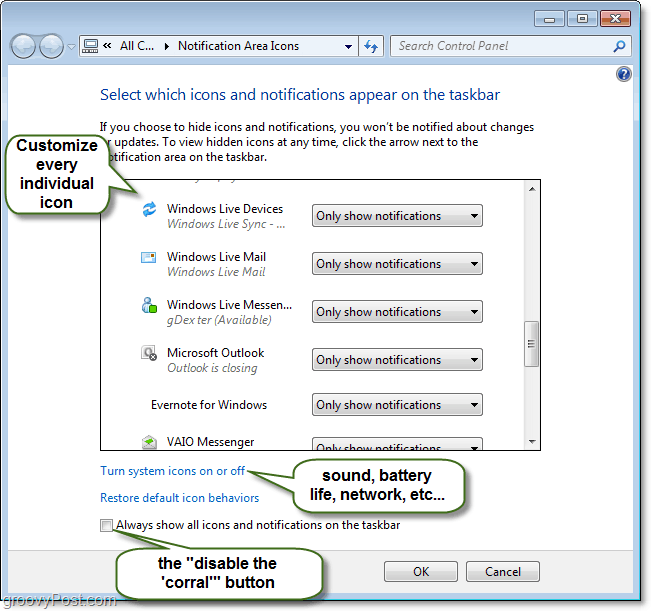 персонализирайте контролния панел за известия на системната област на Windows 7