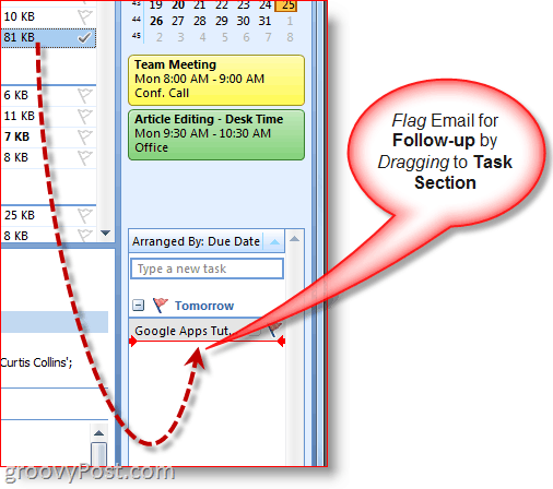 Лента със задачи на Outlook 2007 - Плъзнете имейл, за да създадете задача