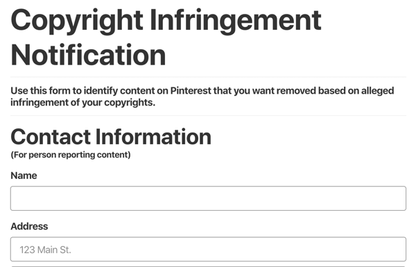 pinterest форма за уведомяване за нарушаване на авторски права