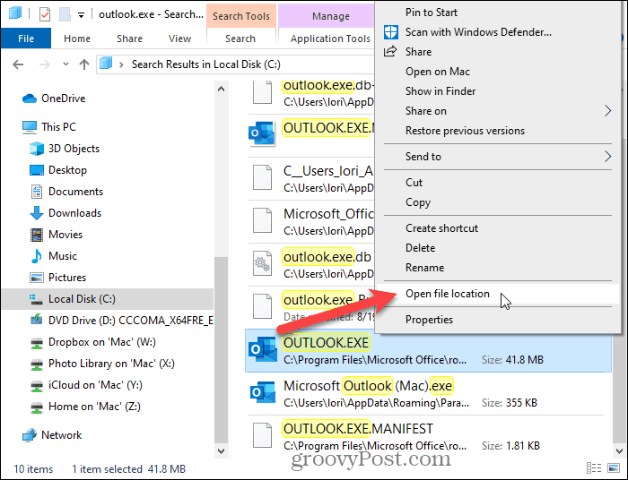 Изберете Отвори местоположението на файла в File Explorer