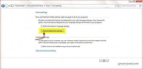 Възстановете Windows 7 шрифта до настройките по подразбиране
