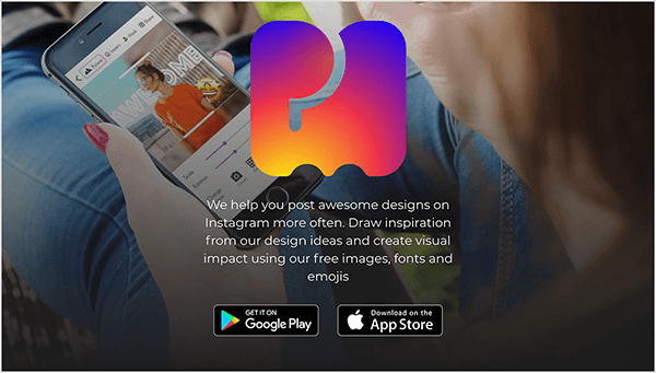 Това е екранна снимка на уебсайта PostMuse. В горния център е голямо изображение на логото на PostMuse, което е илюстрация на P и M, изпълнено с извит градиент. От горе до долу, градиентът включва лилаво, fuschia, червено, оранжево и жълто. Под логото има следния бял текст: „Помагаме ви да публикувате страхотни дизайни в Instagram по-често. Черпете вдъхновение от нашите дизайнерски идеи и създавайте визуално въздействие с помощта на нашите безплатни изображения, шрифтове и емотикони. " Под текста има бутони, които се свързват с магазина Google Play и App Store. Фоновото изображение на уебсайта е снимка на бял човек с червени маникюрирани нокти, който държи смартфон и използва приложението PostMuse. Снимката е направена от рамото на човека, а дълбочината на полето замъглява косата и врата на човека, за да се съсредоточи върху телефона. Краката на човека са изпънати пред тях и те са облечени в сини дънки.