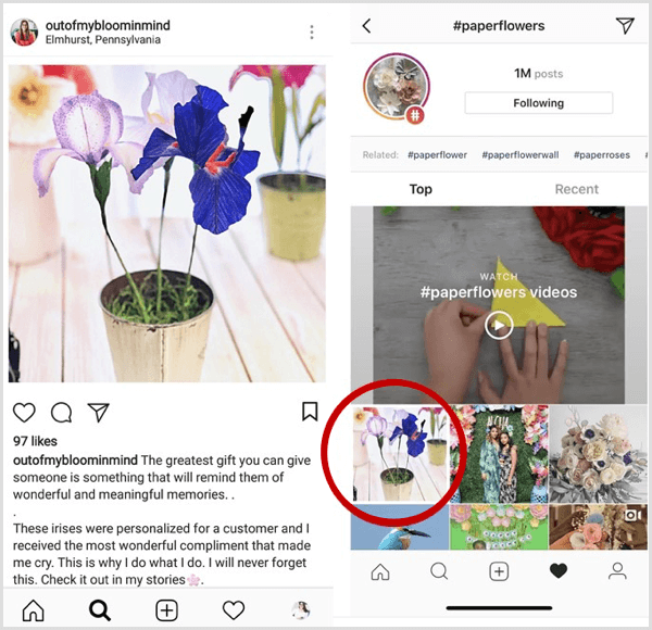 пример за публикация в Instagram, показваща се първо в резултатите от търсенето за конкретен хаштаг