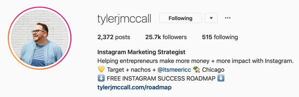 Пример за снимка на Instagram бизнес профил и био информация от @tylerjmccall.