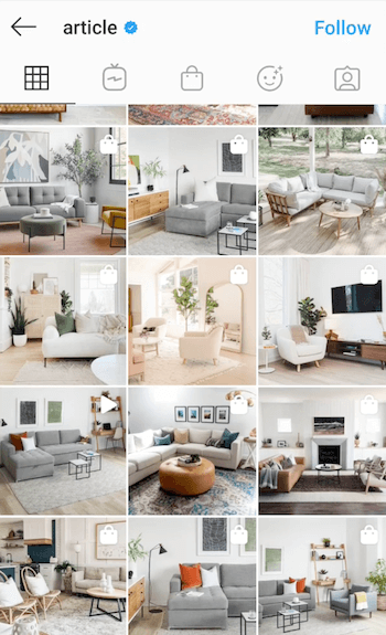 примерна екранна снимка на @article instagram емисия, показваща техните модерни мебели, отличаващи се с много естествена светлина и стил на филтър, който включва синьо