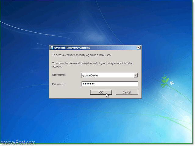 въведете вашето потребителско име и парола за възстановяване на системата Windows 7