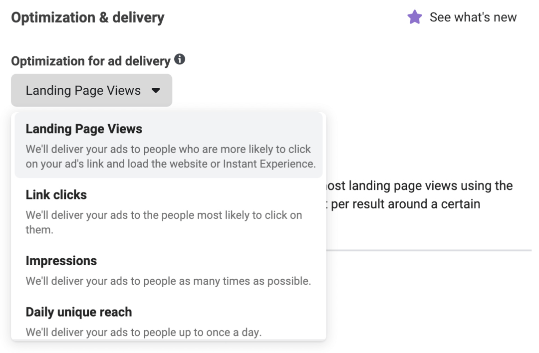изображение на падащия списък за оптимизиране за показване на реклами в Ads Manager