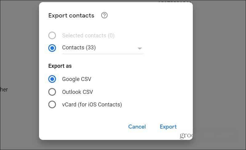 експортиране на контакти