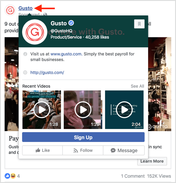Потребителите виждат визуализация, когато задържат курсора на страница в реклами във Facebook.