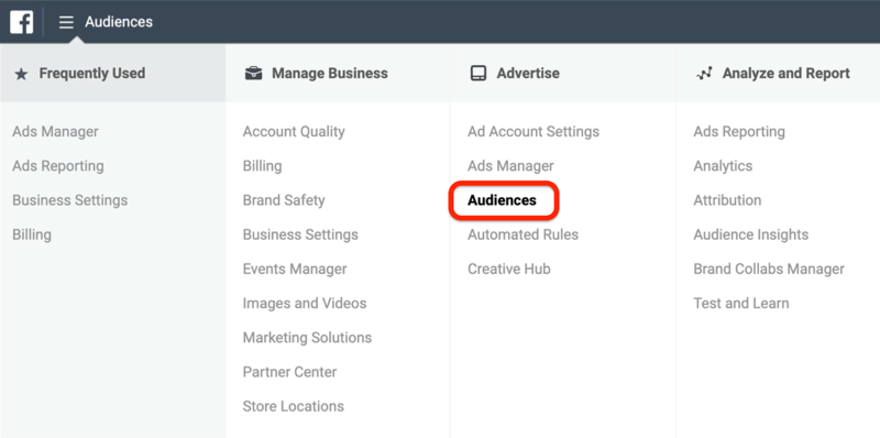 екранна снимка на опцията Аудитории, закръглена в червено в менюто на Facebook Ads Manager