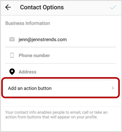 Добавете опция за бутон за действие на екрана с опции за контакт в Instagram