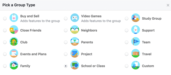 Изберете тип група, за да уведомите потребителите повече за вашата група.