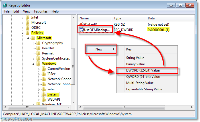разгледайте ключа за регистър на Windows 7 HKEY_LOCAL_MACHINESOFTWAREPполитикиMicrosoftWindowsSystem